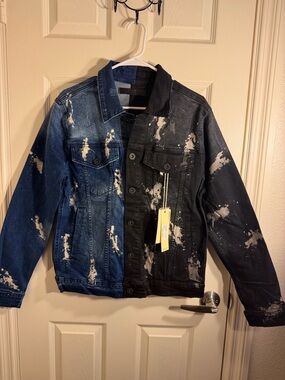 KDNK Split Denim Jacket Paint Splatter Blue Black Men’s Small NWT